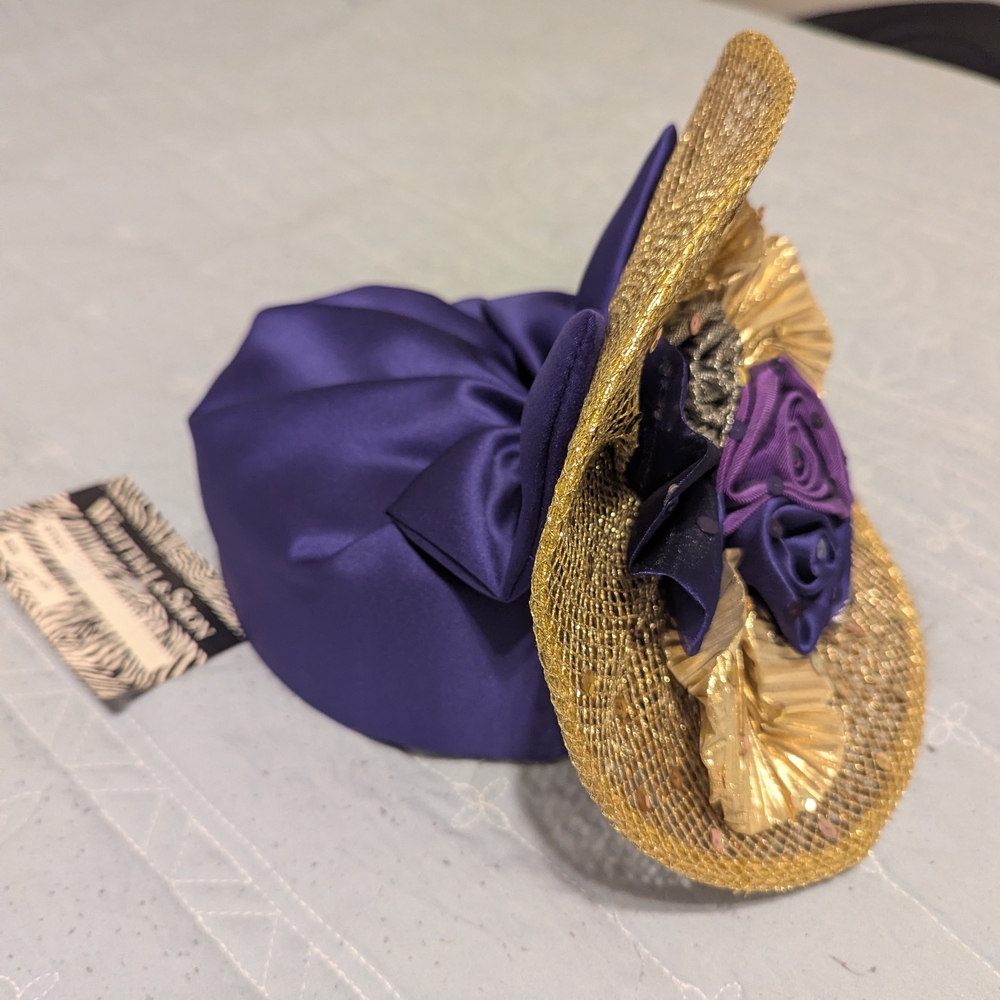 Purple Satin Ladies Fascinator with Gold Accents
